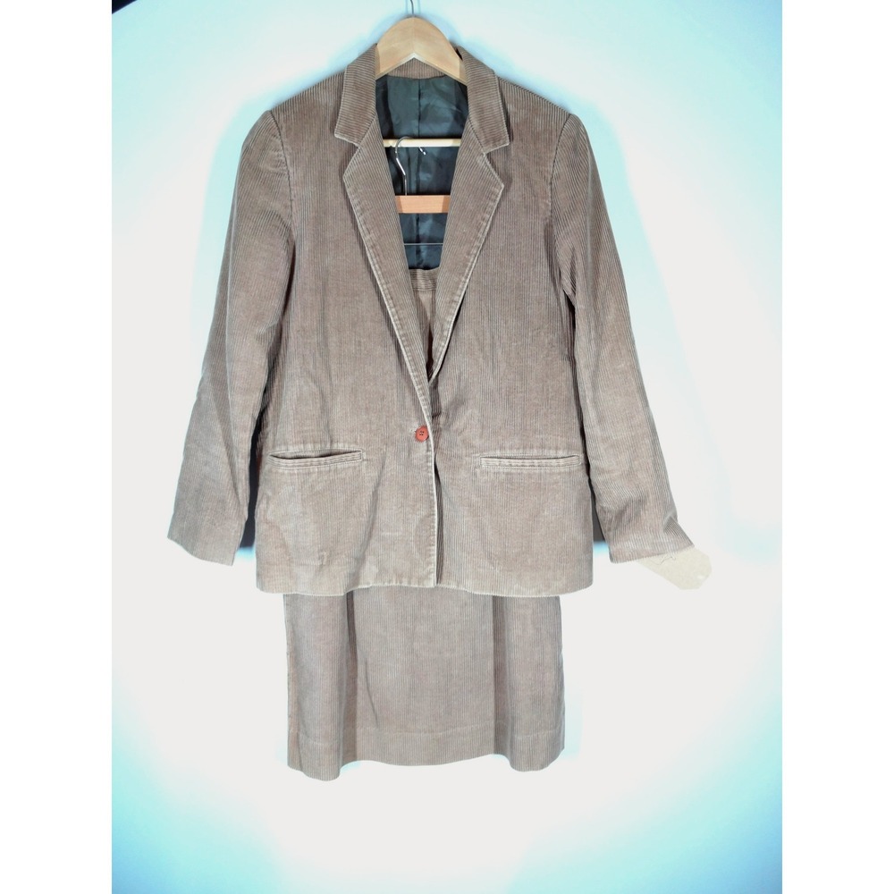 Vintage Skirt Suit Women Size 8 Tan Corduroy Wide Wale Blazer Set Dark Academia